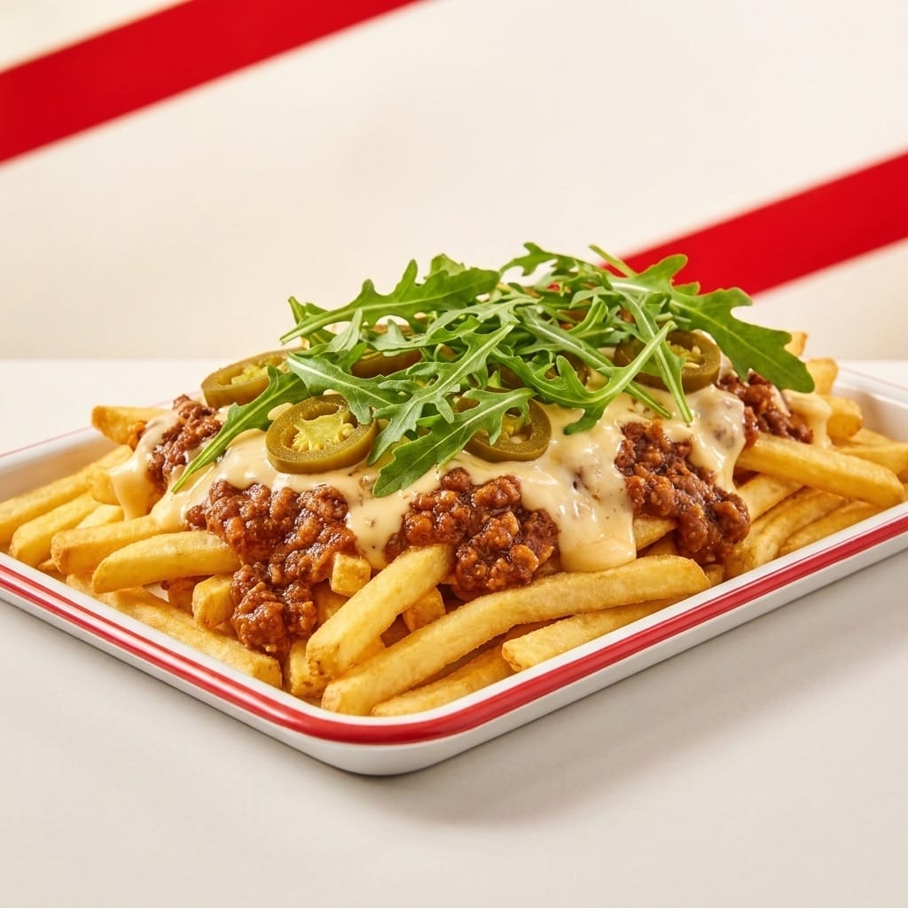 Chili Cheese Fries: Chili con Carne · Käsesauce · Jalapeños · Rucola